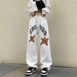 Hippie Pants  Boyfriend Style Vintage High Waist Versatile Straight Leg Mopping Casual Trousers