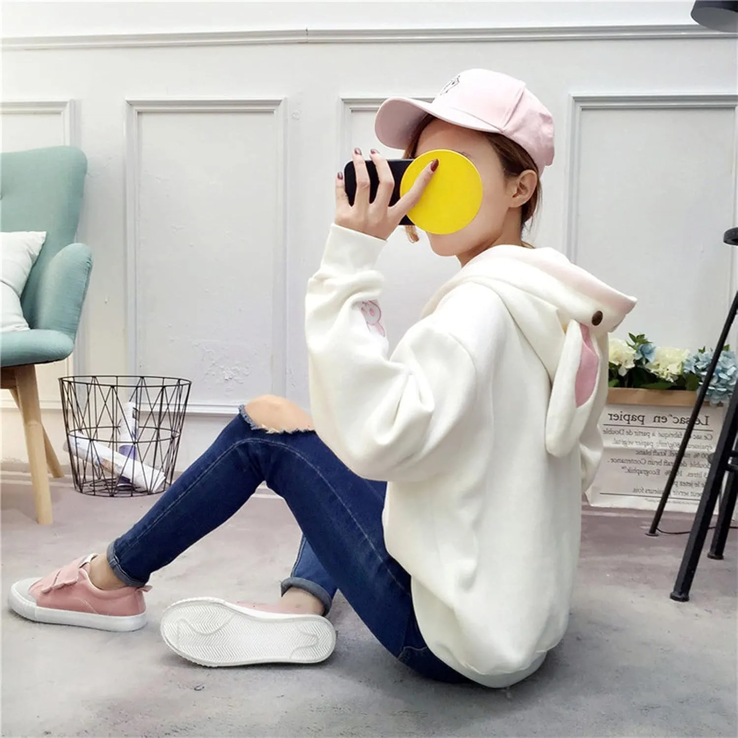 LCMTWX Women Cute Bunny Ear Long Sleeve Rabbit Tops Sweatshirt Hoodie Jacket Coats Oversized Pullover Y2k Clothes