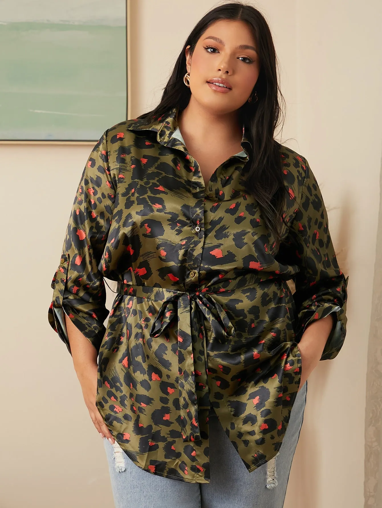 Leopard Button Front Long Sleeve Collar Asymmetrical Long Plus Size Blouse