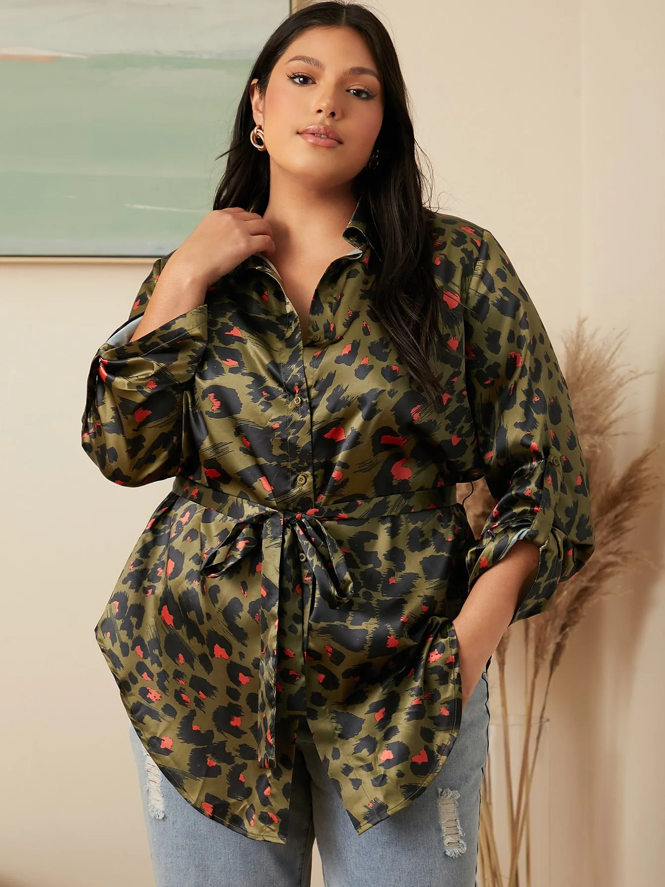 Leopard Button Front Long Sleeve Collar Asymmetrical Long Plus Size Blouse