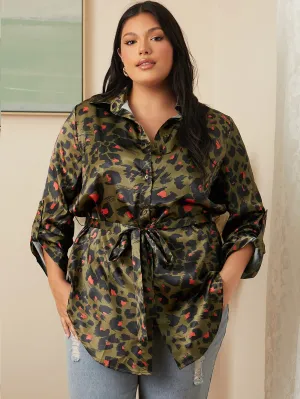 Leopard Button Front Long Sleeve Collar Asymmetrical Long Plus Size Blouse