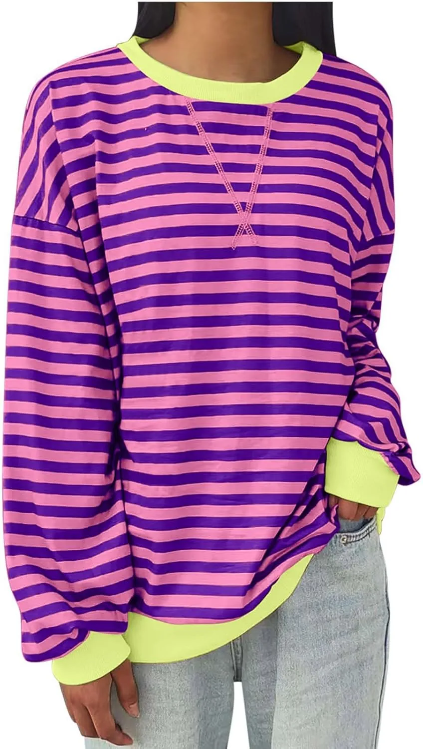 Long Sleeve Sweatshirt for Women Stripe Color Block Sweatshirt Casual Oversized Sweatshirt Crew Neck Pullover