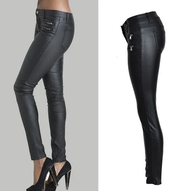 Low Waist Double Zipper Button Slim PU Leather Pants