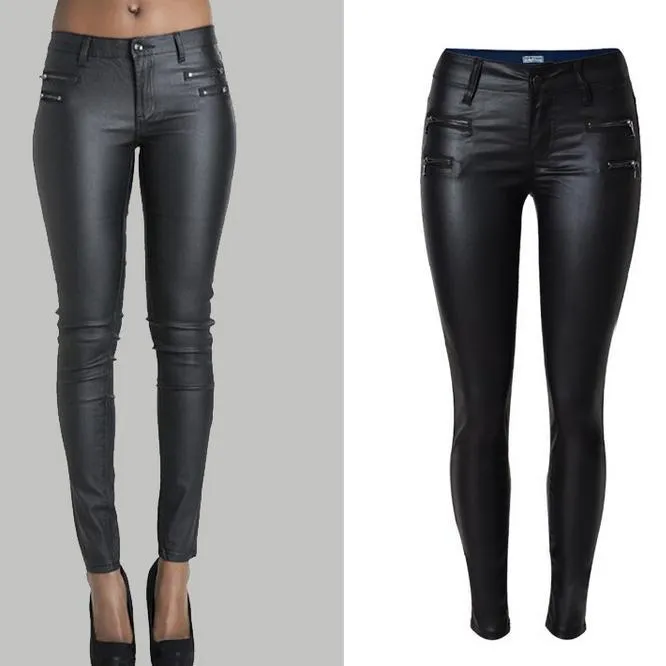 Low Waist Double Zipper Button Slim PU Leather Pants