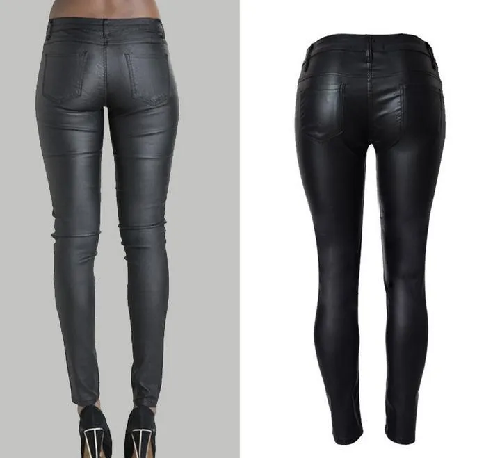 Low Waist Double Zipper Button Slim PU Leather Pants