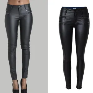 Low Waist Double Zipper Button Slim PU Leather Pants