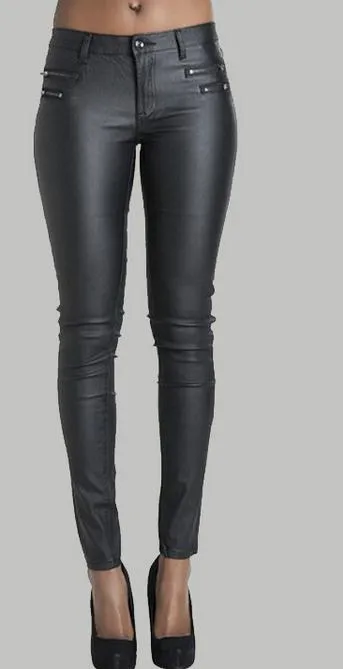 Low Waist Double Zipper Button Slim PU Leather Pants