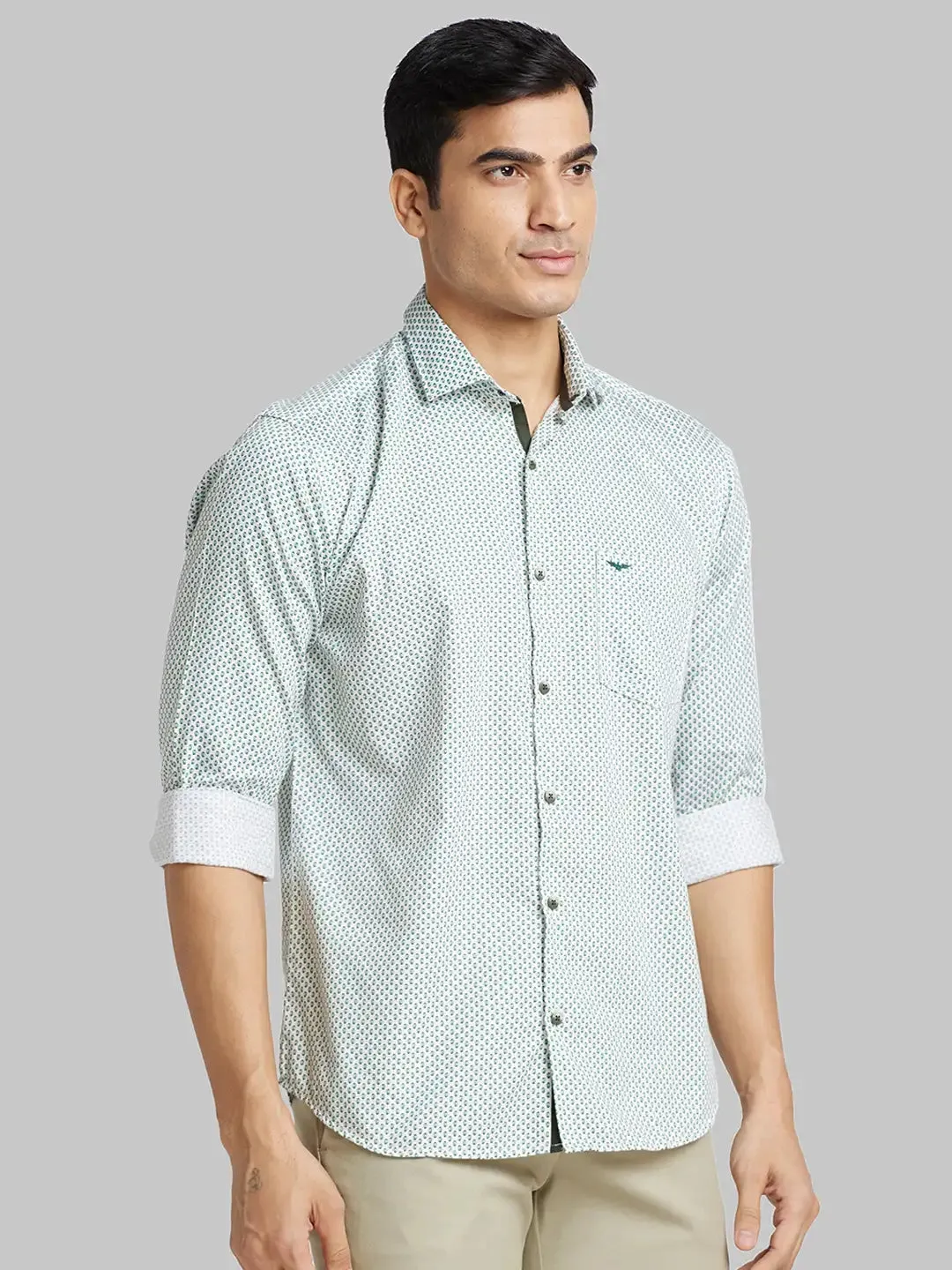 Men Green Slim Fit Print  Cotton   Shirts