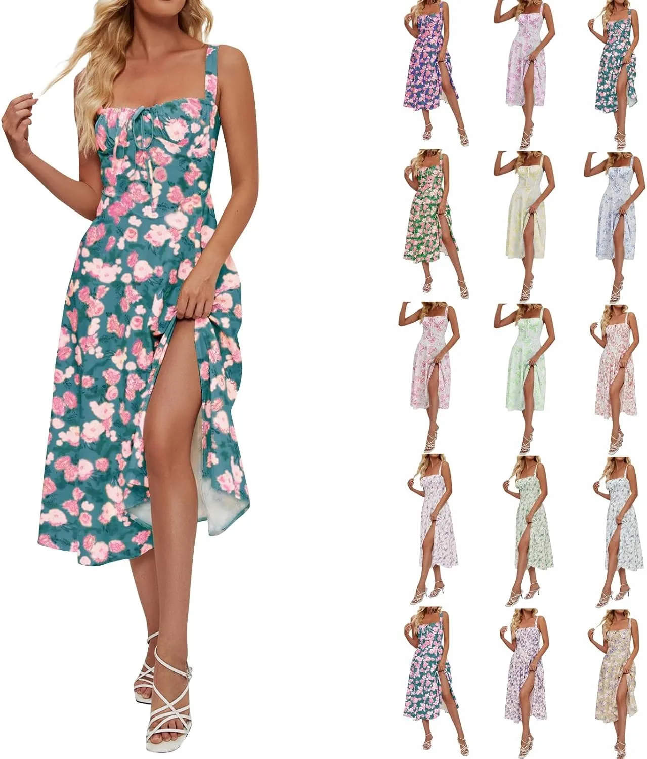 Milkmaid Dress Women 2025 Summer Elegant Square Neck Sleeveless Floral Corset Dress Boho Flowy Slit A Line Sundresses