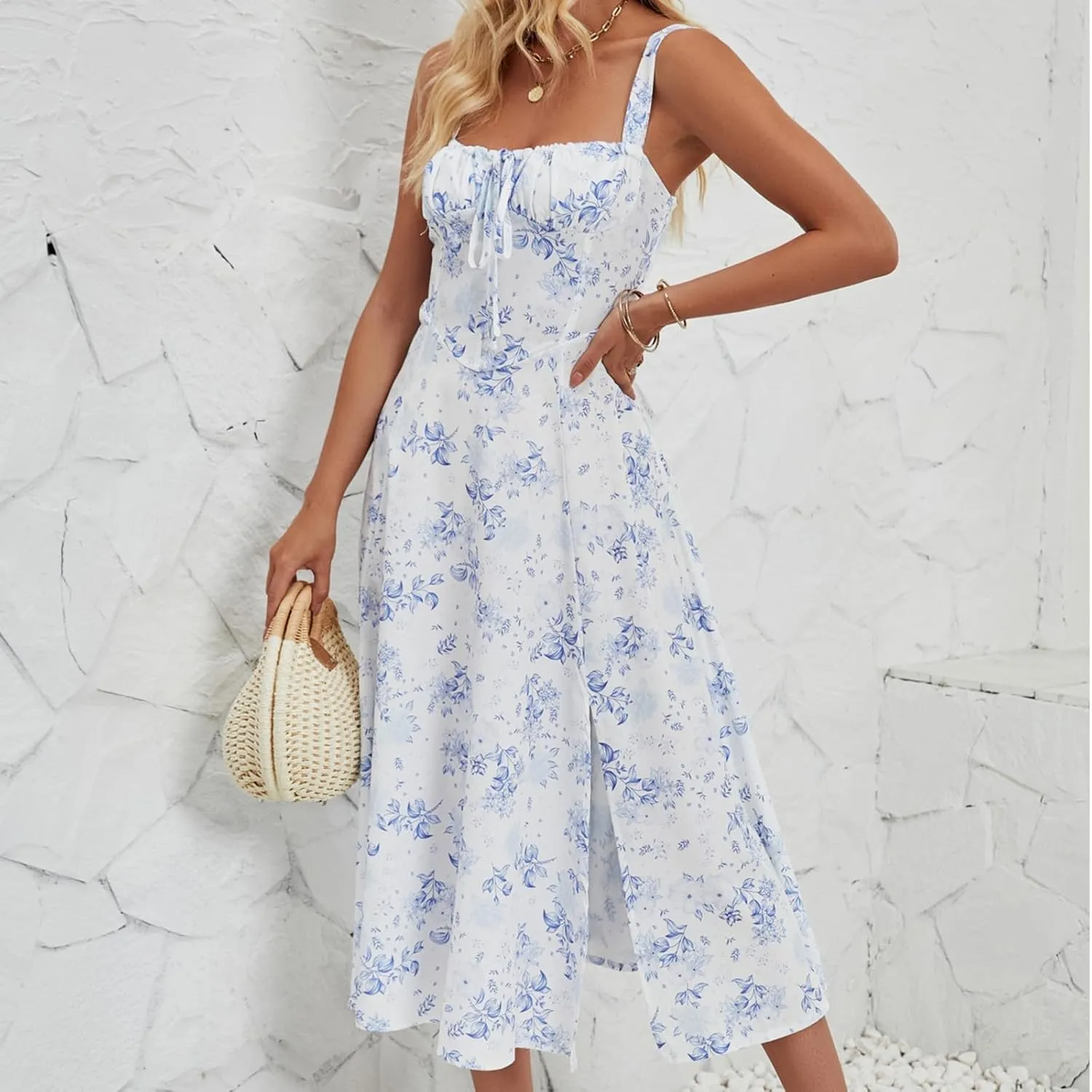 Milkmaid Dress Women 2025 Summer Elegant Square Neck Sleeveless Floral Corset Dress Boho Flowy Slit A Line Sundresses