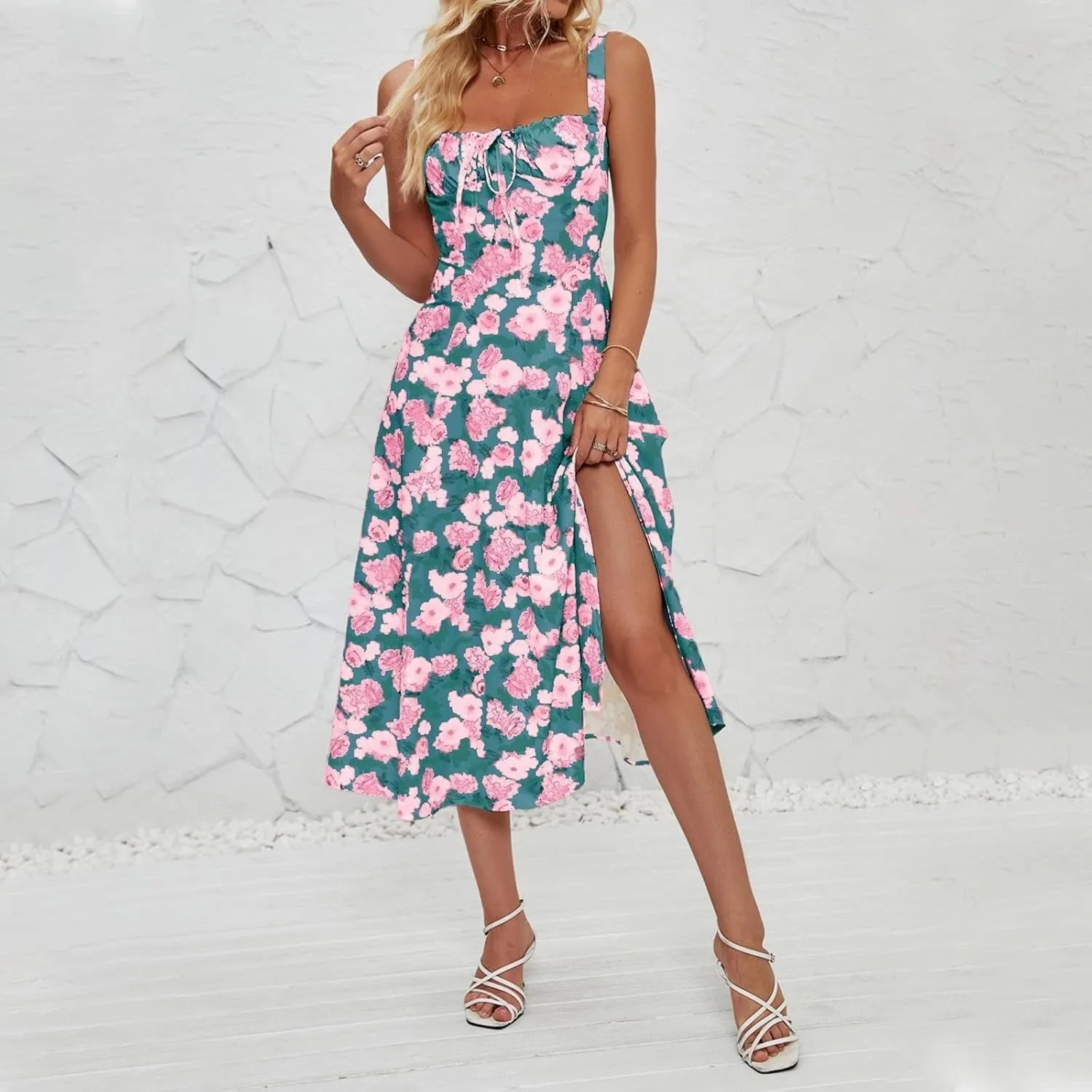 Milkmaid Dress Women 2025 Summer Elegant Square Neck Sleeveless Floral Corset Dress Boho Flowy Slit A Line Sundresses