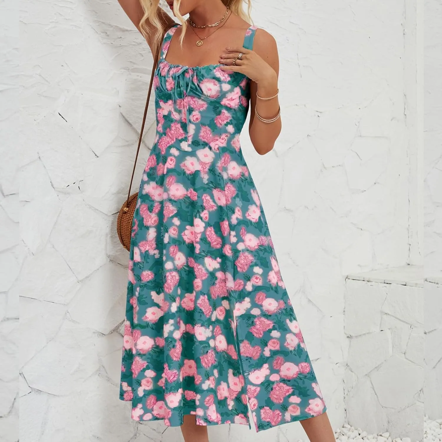 Milkmaid Dress Women 2025 Summer Elegant Square Neck Sleeveless Floral Corset Dress Boho Flowy Slit A Line Sundresses
