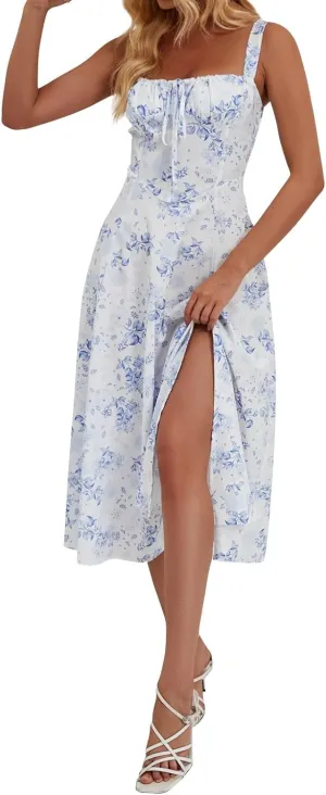 Milkmaid Dress Women 2025 Summer Elegant Square Neck Sleeveless Floral Corset Dress Boho Flowy Slit A Line Sundresses