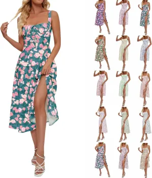 Milkmaid Dress Women 2025 Summer Elegant Square Neck Sleeveless Floral Corset Dress Boho Flowy Slit A Line Sundresses