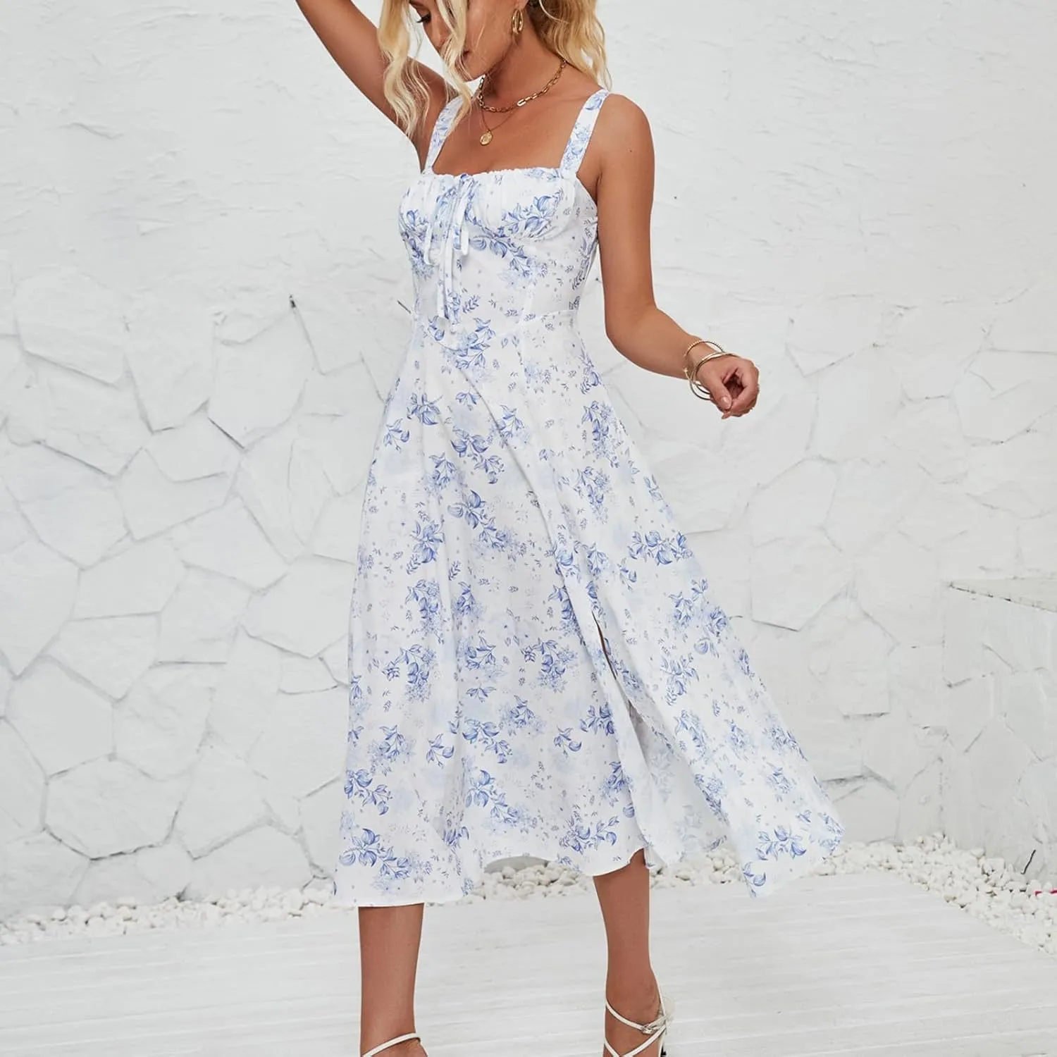 Milkmaid Dress Women 2025 Summer Elegant Square Neck Sleeveless Floral Corset Dress Boho Flowy Slit A Line Sundresses