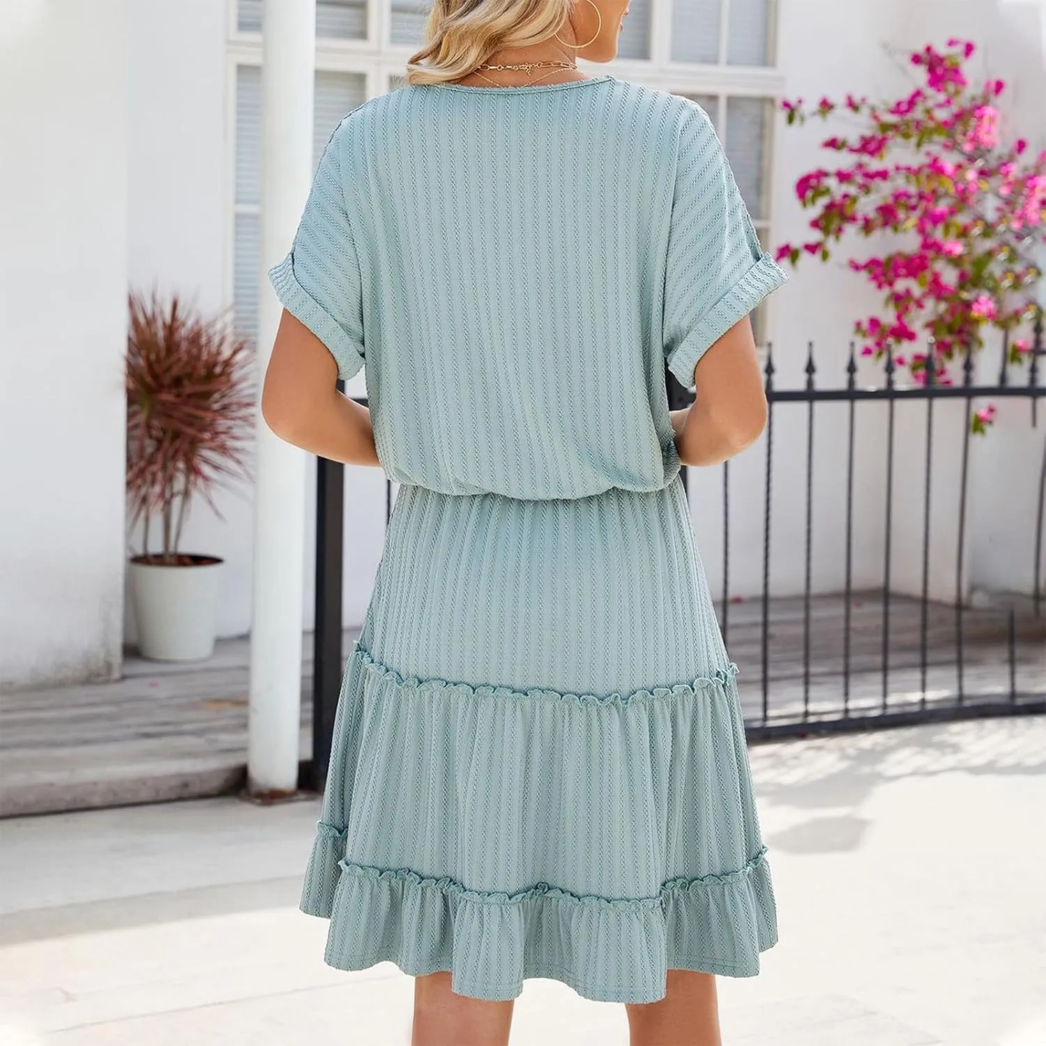Mini Dress Women Summer Casual V Neck Short Sleeve Going Out Dresses Elegant Tiered Crochet Beach A Line Short Dress