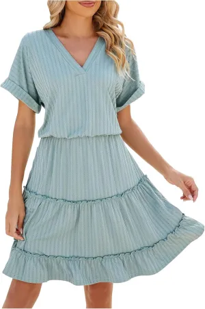 Mini Dress Women Summer Casual V Neck Short Sleeve Going Out Dresses Elegant Tiered Crochet Beach A Line Short Dress