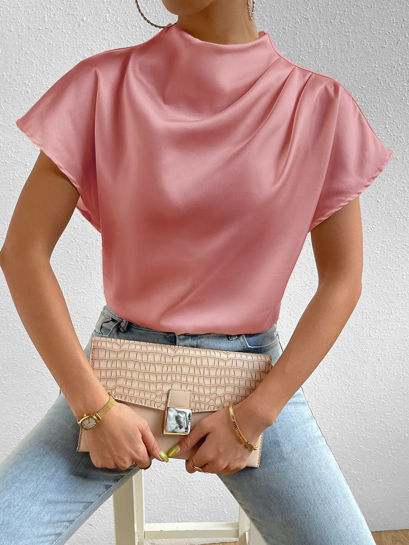Mock Neck Batwing Sleeve Satin Blouse