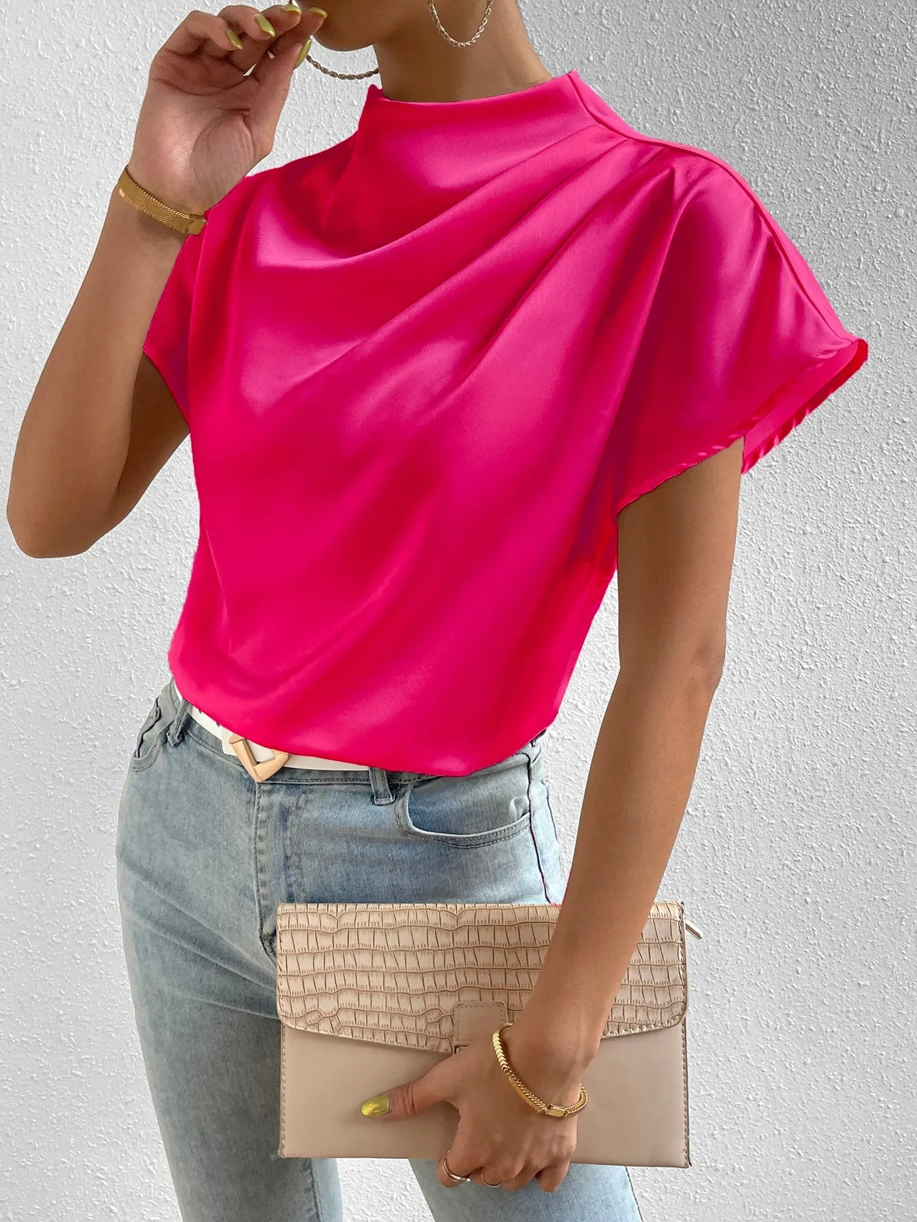 Mock Neck Batwing Sleeve Satin Blouse