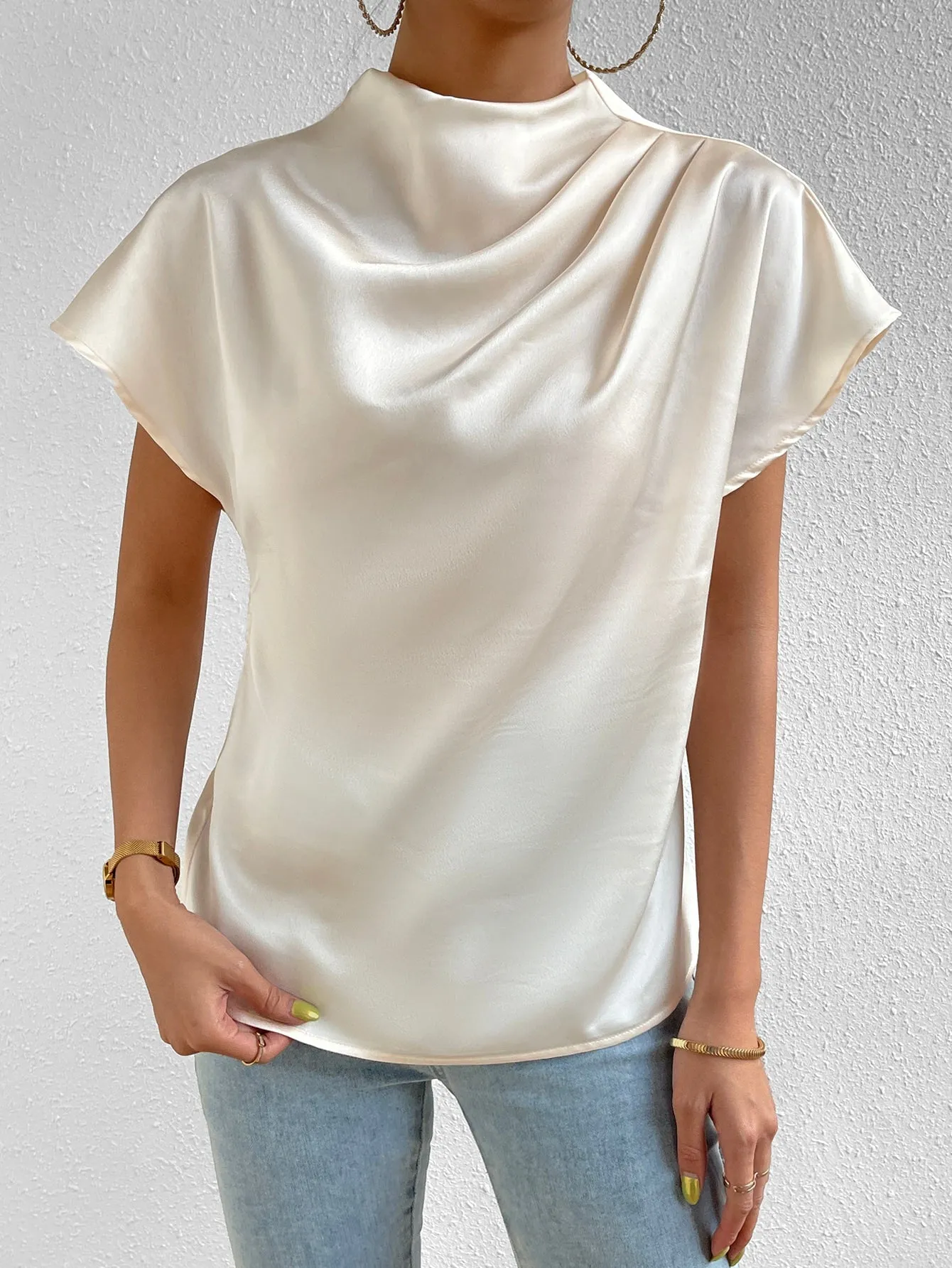 Mock Neck Batwing Sleeve Satin Blouse