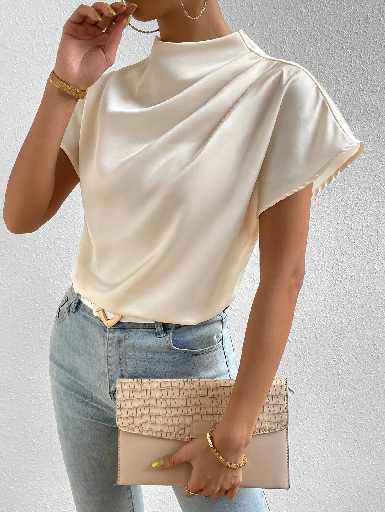 Mock Neck Batwing Sleeve Satin Blouse