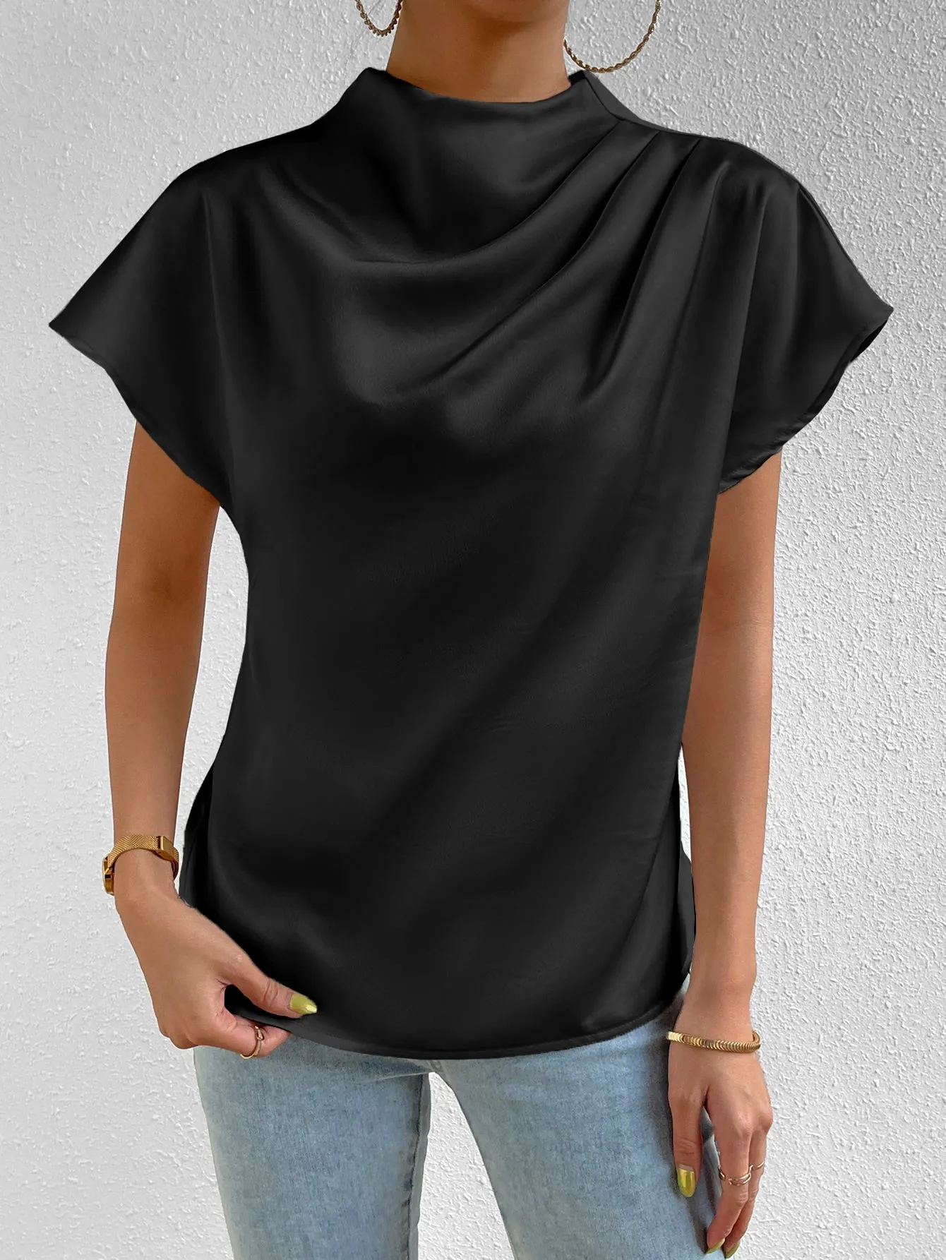 Mock Neck Batwing Sleeve Satin Blouse