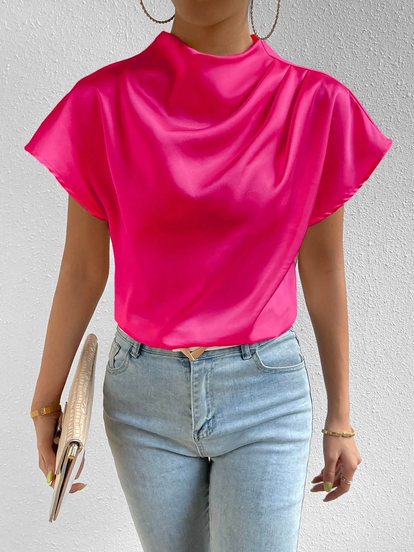 Mock Neck Batwing Sleeve Satin Blouse