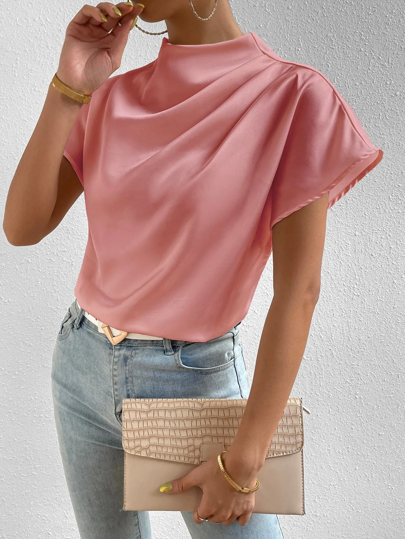 Mock Neck Batwing Sleeve Satin Blouse