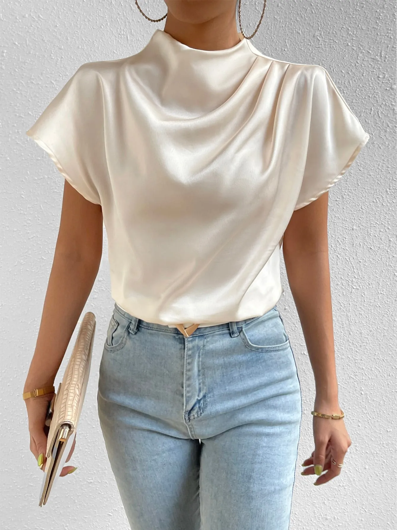 Mock Neck Batwing Sleeve Satin Blouse
