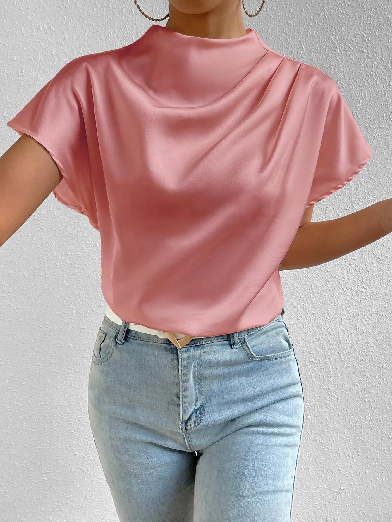 Mock Neck Batwing Sleeve Satin Blouse