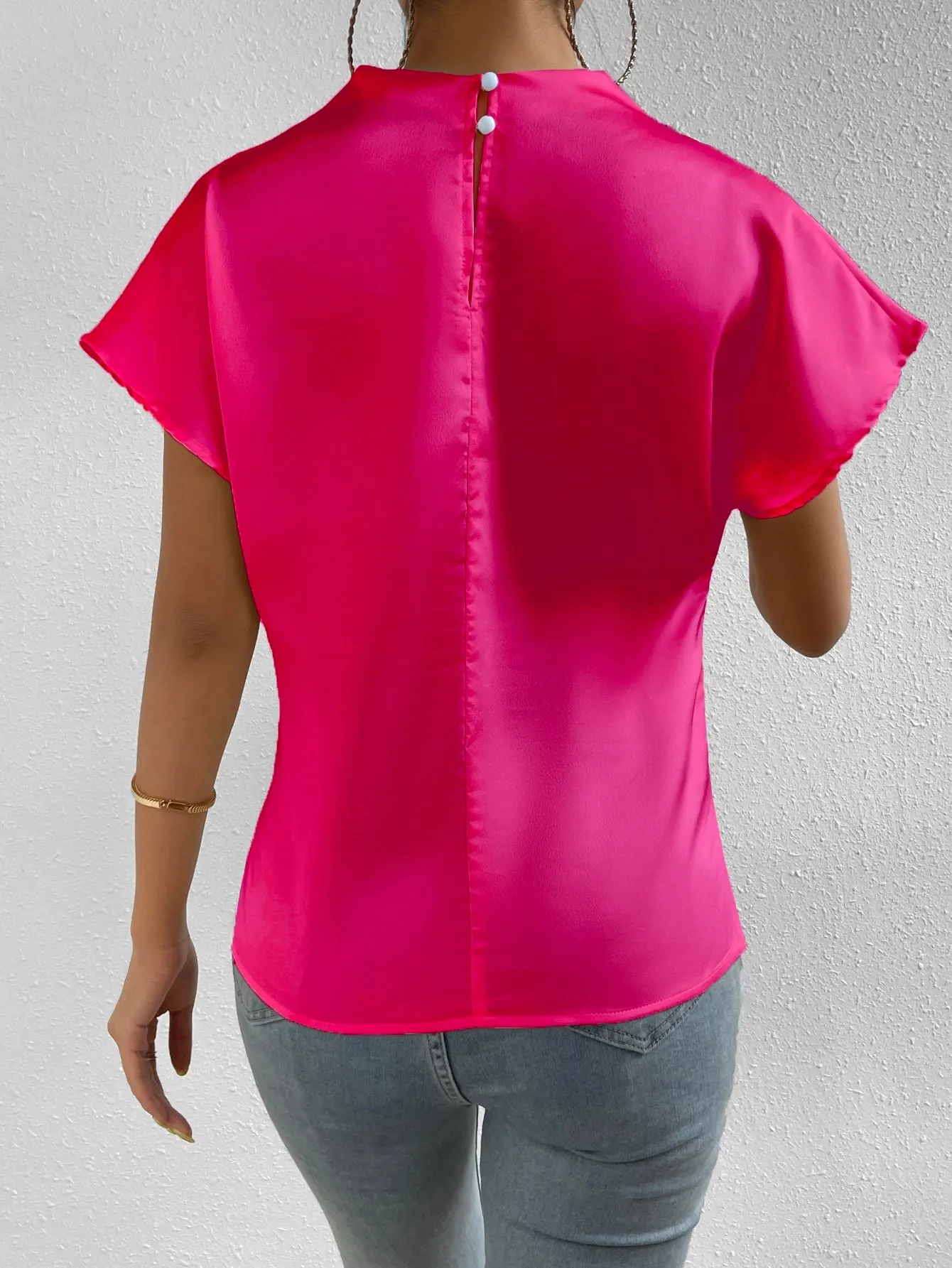 Mock Neck Batwing Sleeve Satin Blouse