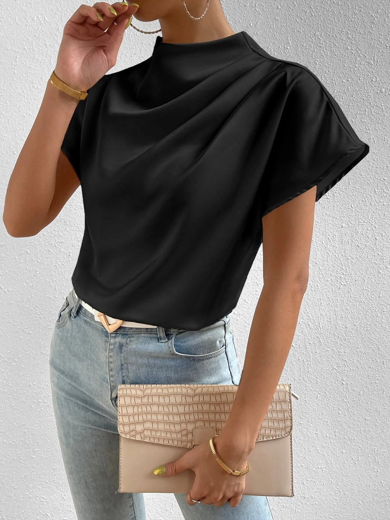 Mock Neck Batwing Sleeve Satin Blouse