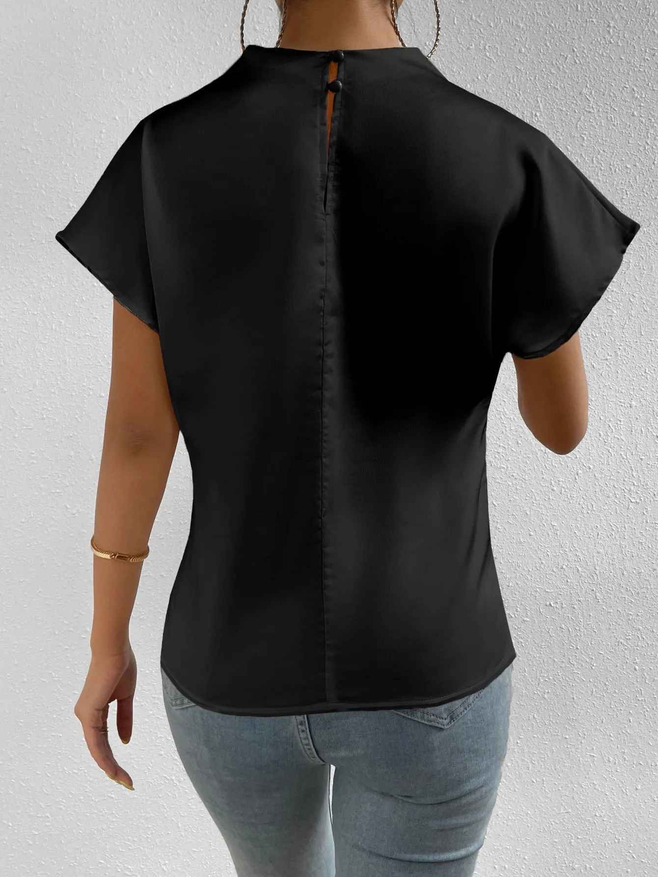 Mock Neck Batwing Sleeve Satin Blouse