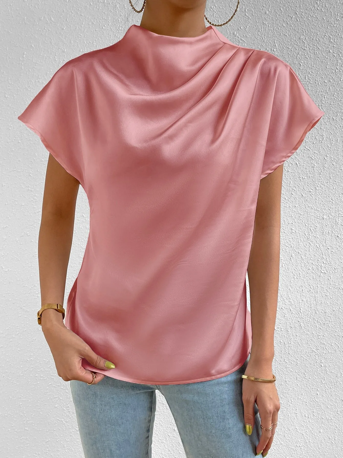 Mock Neck Batwing Sleeve Satin Blouse