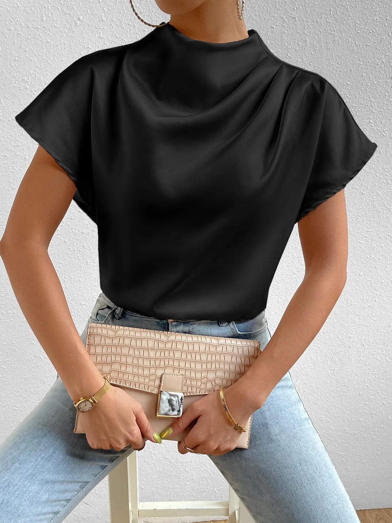 Mock Neck Batwing Sleeve Satin Blouse