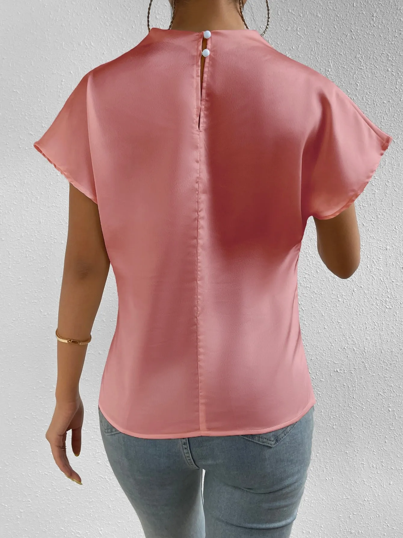 Mock Neck Batwing Sleeve Satin Blouse