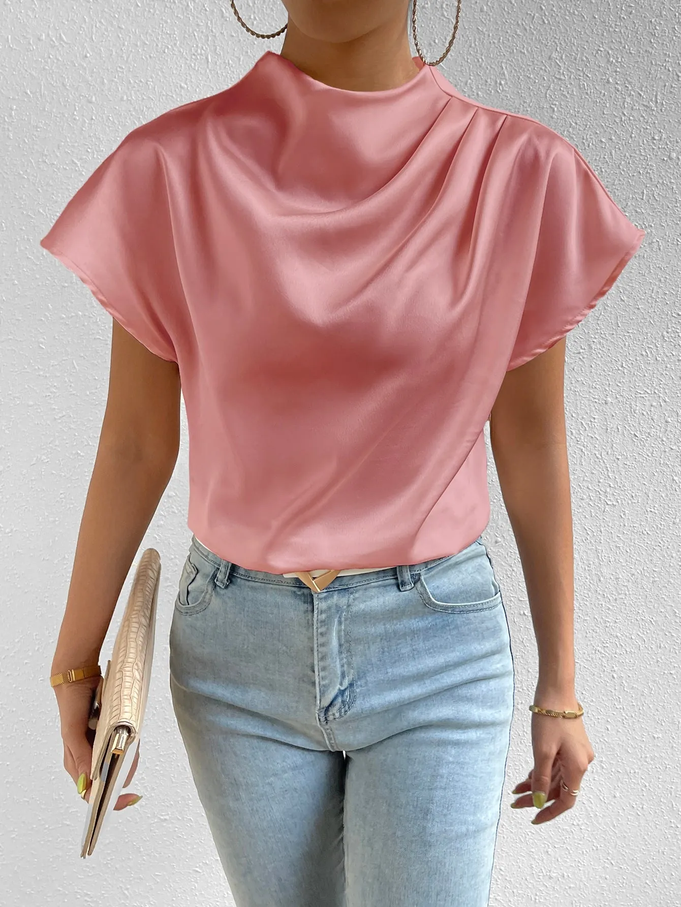 Mock Neck Batwing Sleeve Satin Blouse