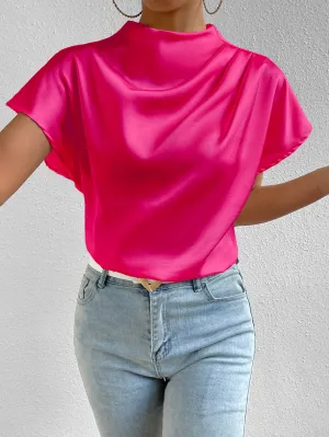 Mock Neck Batwing Sleeve Satin Blouse