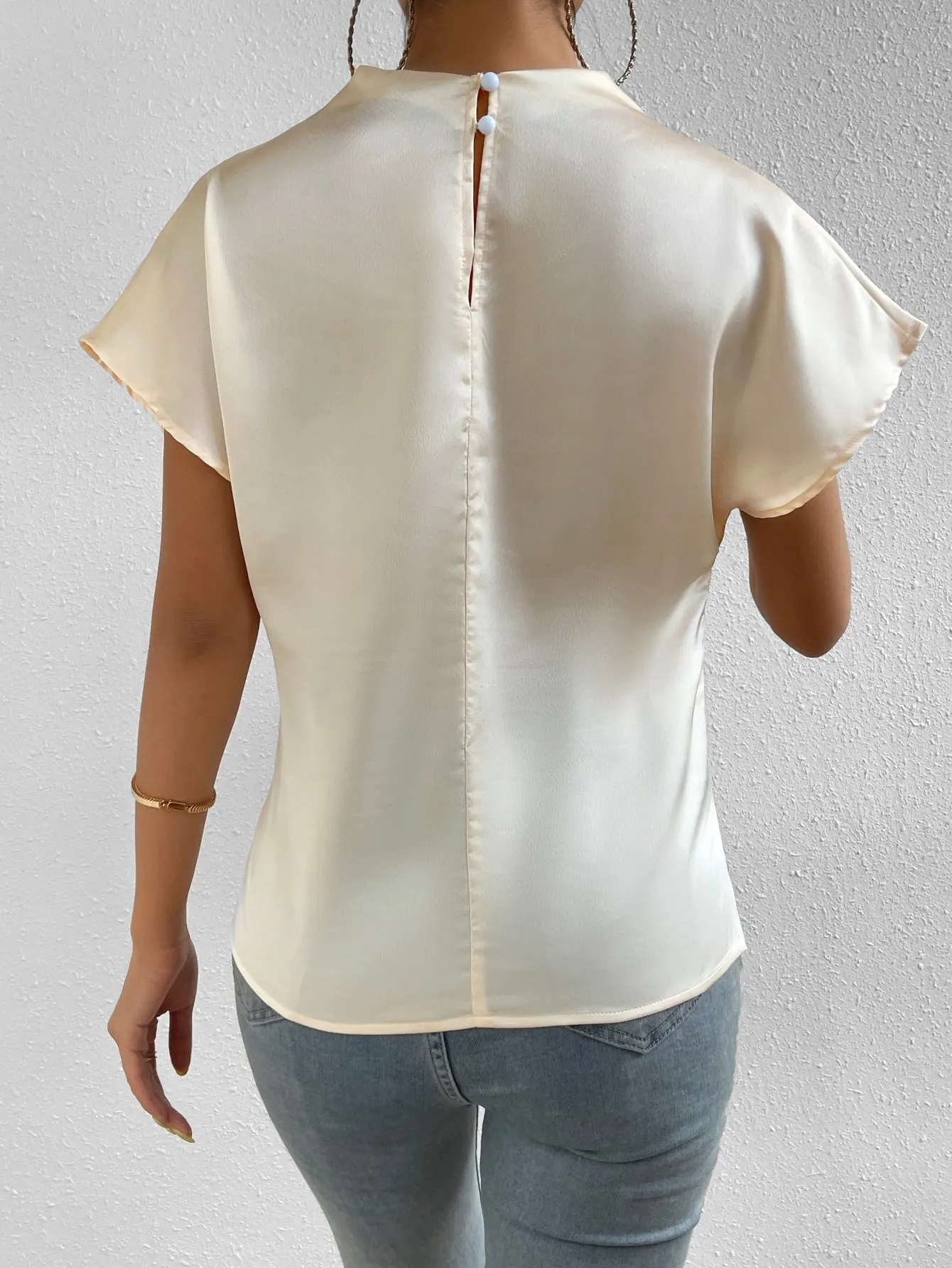 Mock Neck Batwing Sleeve Satin Blouse