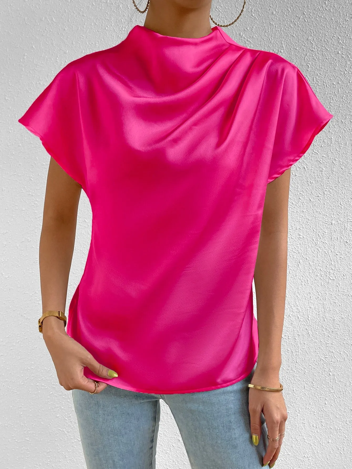 Mock Neck Batwing Sleeve Satin Blouse