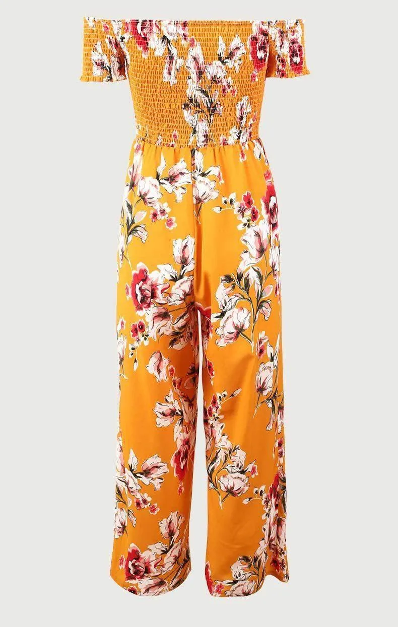 Off Shoulder Printed High Waist Wide Leg Pants Jumpsuit Romper