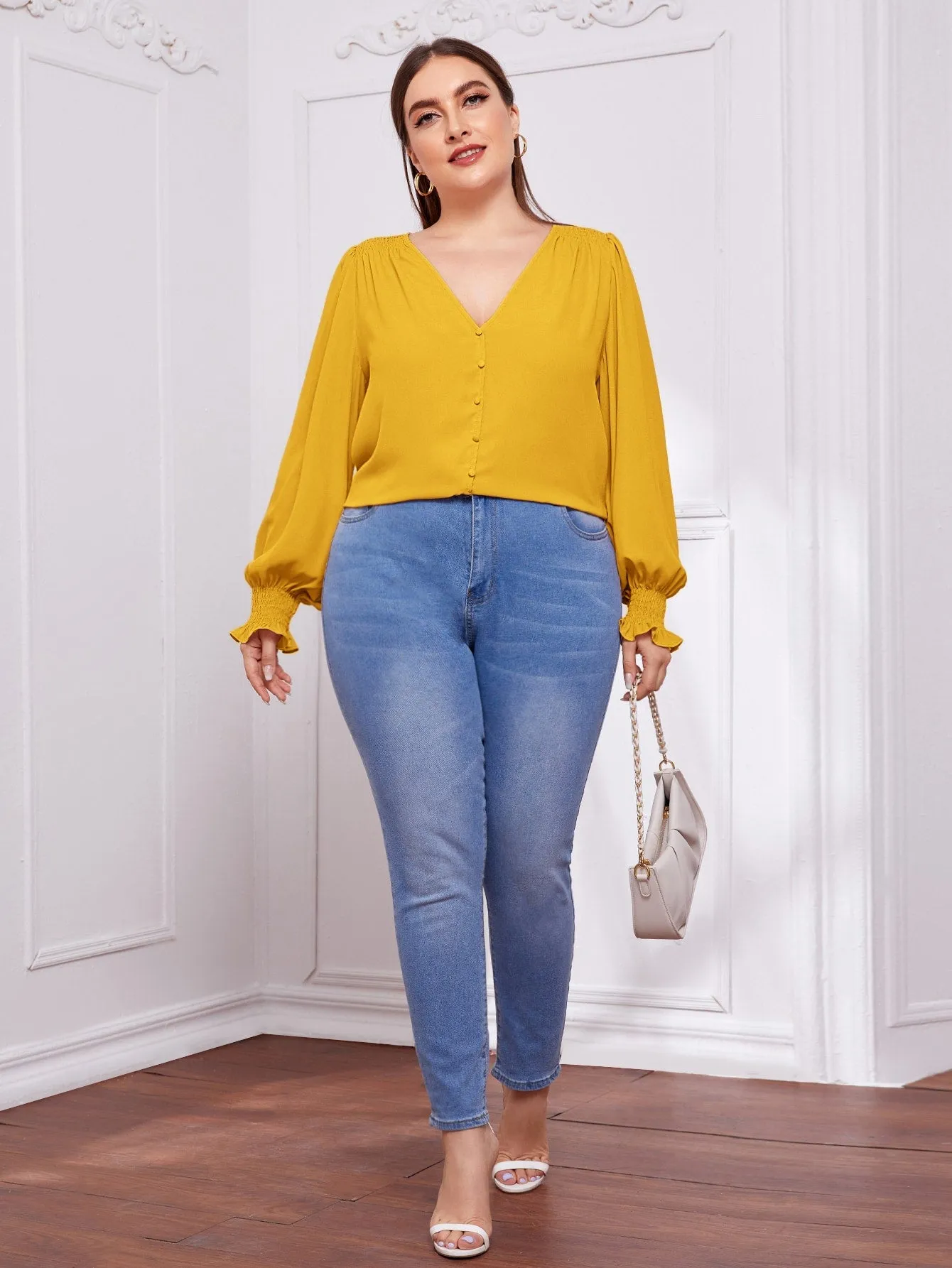 Plain Button Front Long Sleeve V Neck Regular Plus Blouse
