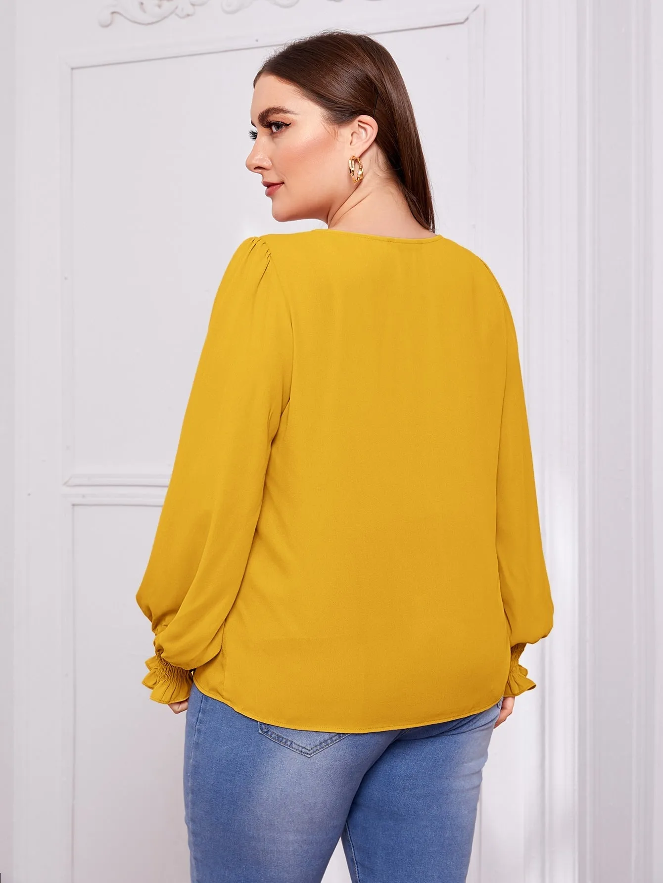 Plain Button Front Long Sleeve V Neck Regular Plus Blouse