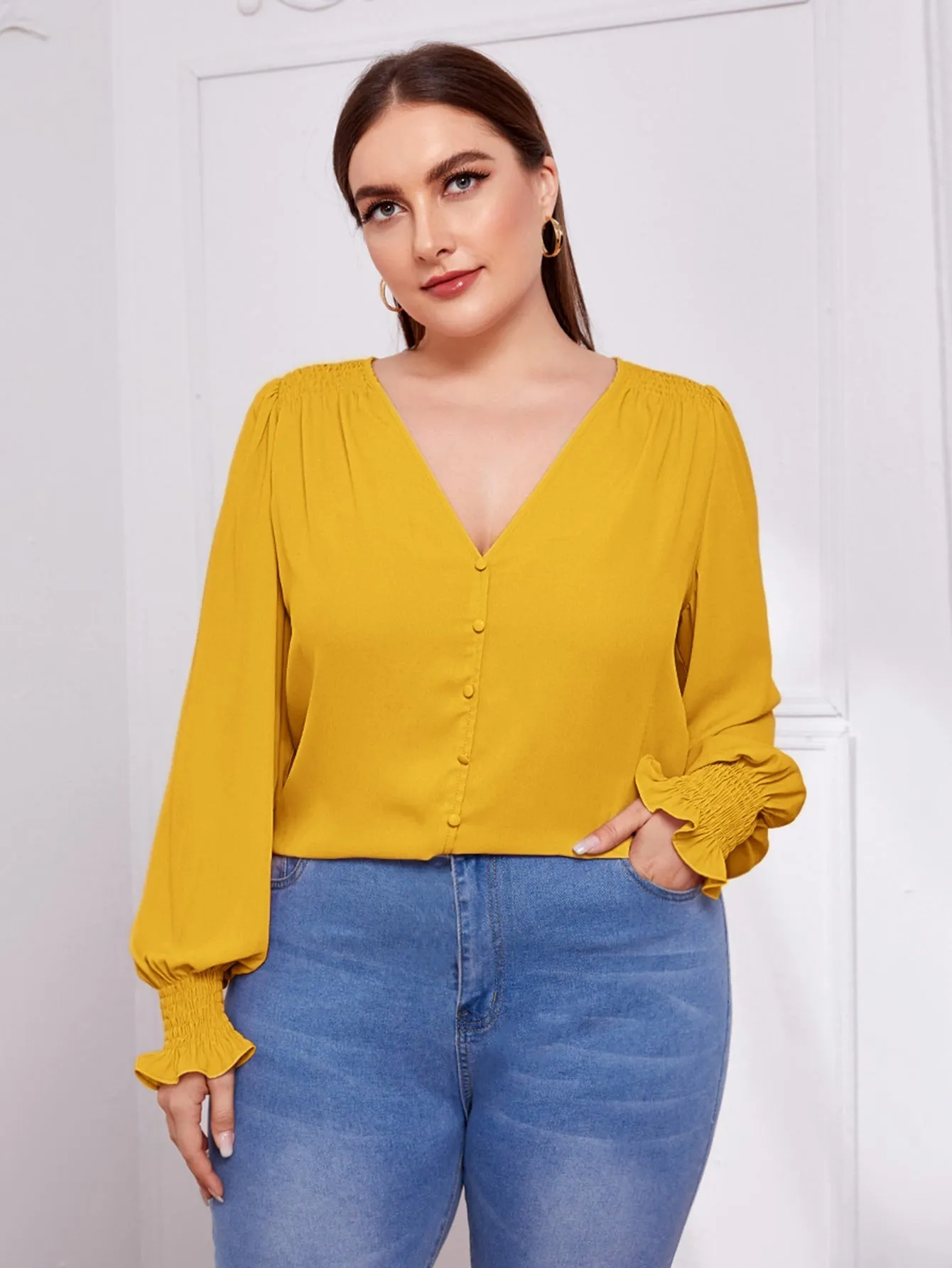 Plain Button Front Long Sleeve V Neck Regular Plus Blouse