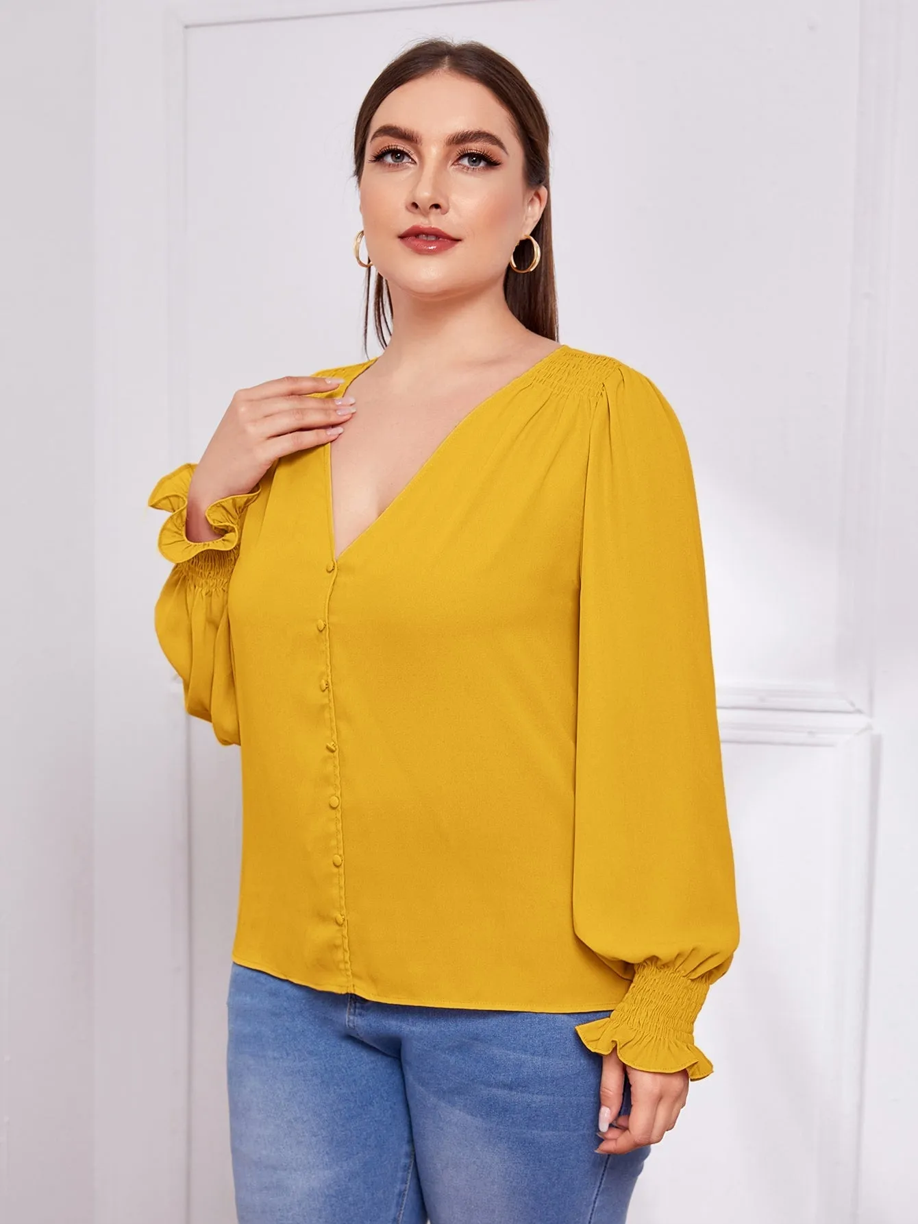 Plain Button Front Long Sleeve V Neck Regular Plus Blouse