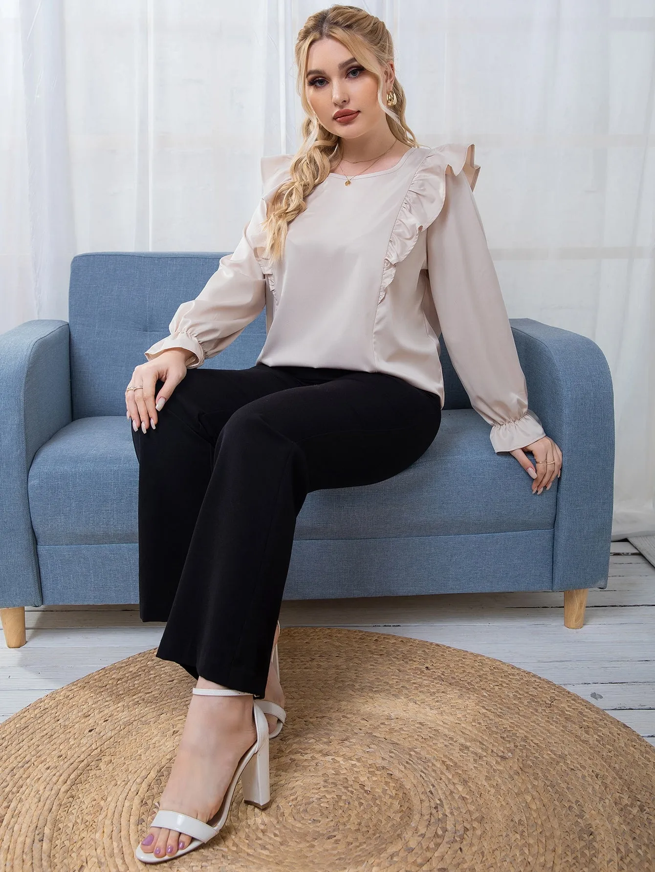 Plain Ruffle Long Sleeve Round Neck Regular Plus Size Blouse