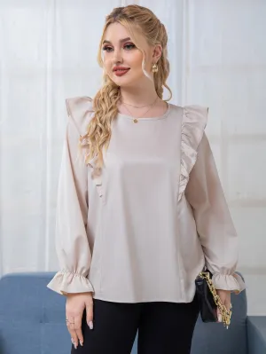 Plain Ruffle Long Sleeve Round Neck Regular Plus Size Blouse