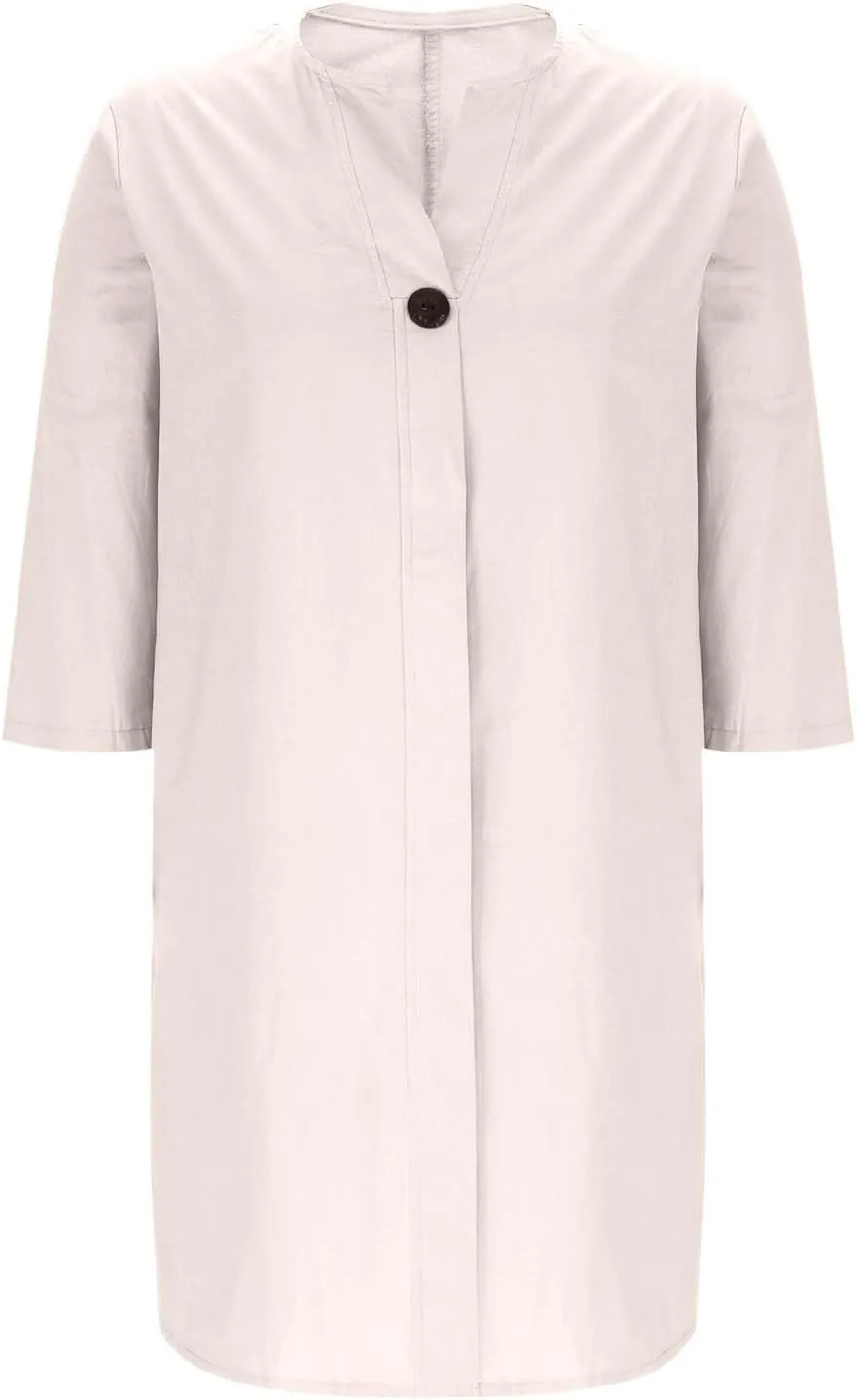Plus Size Dresses for Curvy Women Casual V Neck 3/4 Sleeve Midi Dress Loose Fit Side Slit T-Shirt Dress with Buttons