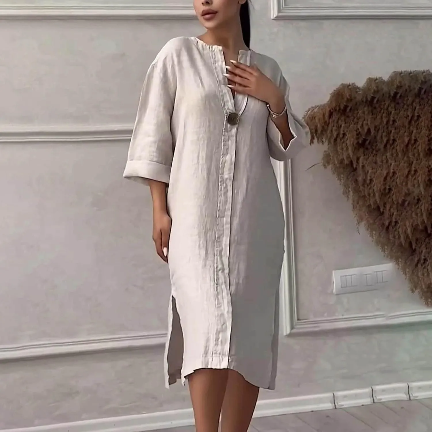 Plus Size Dresses for Curvy Women Casual V Neck 3/4 Sleeve Midi Dress Loose Fit Side Slit T-Shirt Dress with Buttons