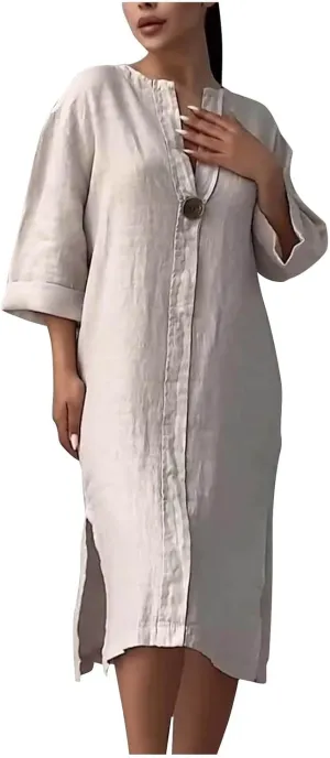 Plus Size Dresses for Curvy Women Casual V Neck 3/4 Sleeve Midi Dress Loose Fit Side Slit T-Shirt Dress with Buttons